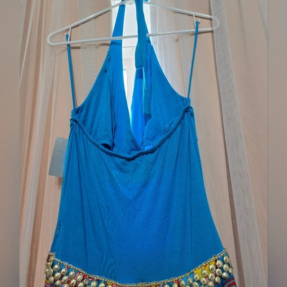 NWT WD.NY Jersey Knit & Silk Retro Print Halter Midi Dress w/Gold Waist Accent. - Picture 7 of 12